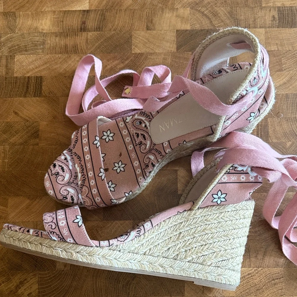 Stuart Weitzman Pink Paisley Espadrille Wedge Sandals
